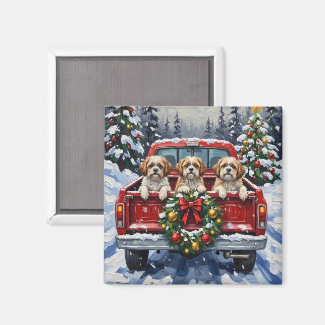 Imã Shih Tzu Christmas Red Truck Holiday (Front/Back)
