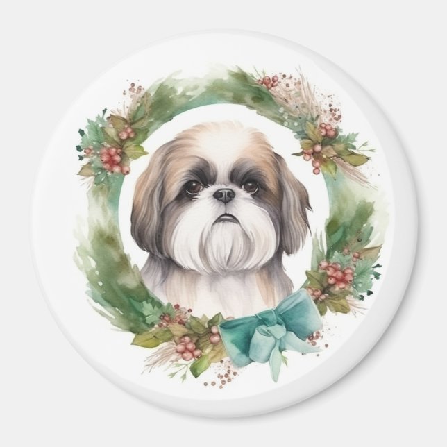 Imã Shih Tzu Christmas Wreath Festivo Pup (Frente)