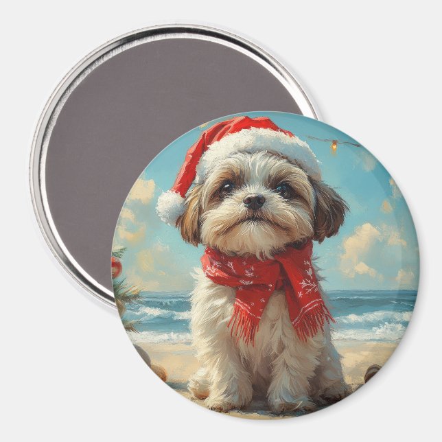 Imã Shih Tzu Dog Christmas Vintage Beach (Front/Back)