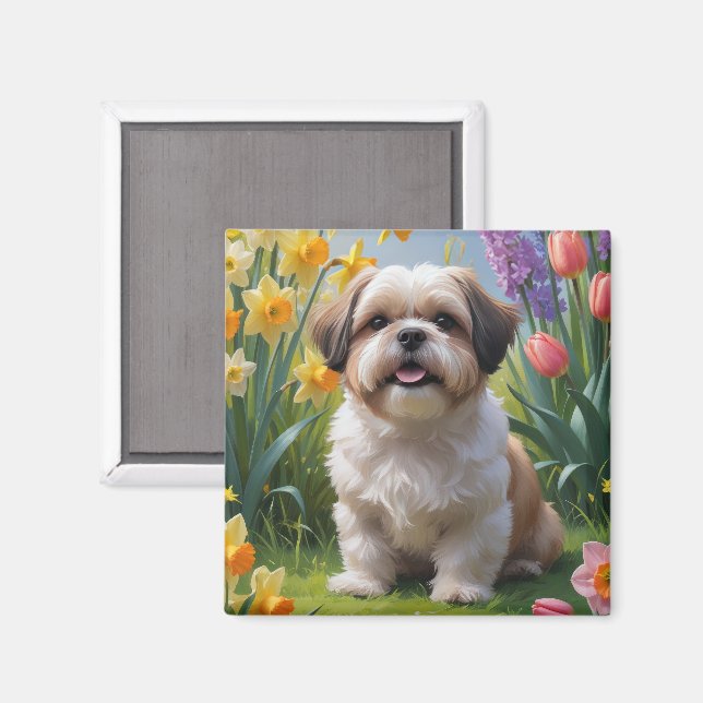Imã Shih Tzu Dog Spring Flowers Painting (Front/Back)