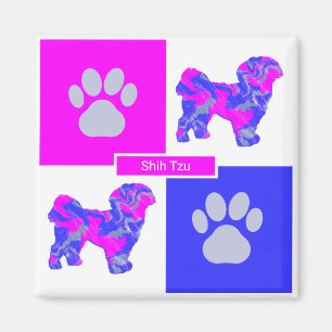 Imã Shih Tzu Silhouette Dog & Paw Pink e Blue Square