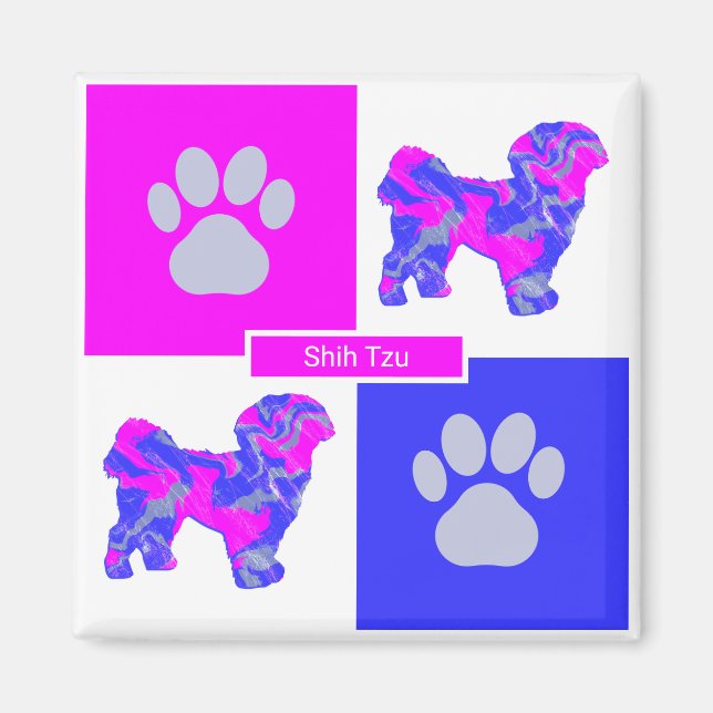 Imã Shih Tzu Silhouette Dog & Paw Pink e Blue Square (Frente)