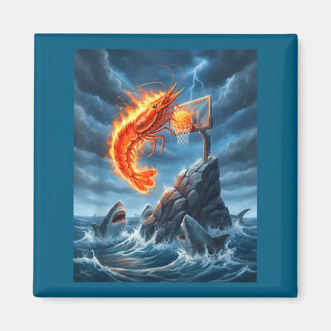 Imã Shrimp Dunking On Shark Funny Fishing Meme Basketb (Frente)