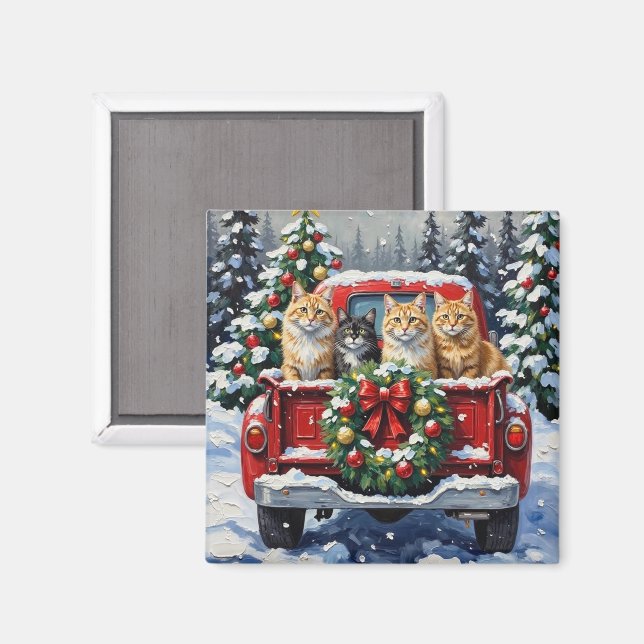 Imã Siberian Cat Christmas Red Truck Holiday (Front/Back)
