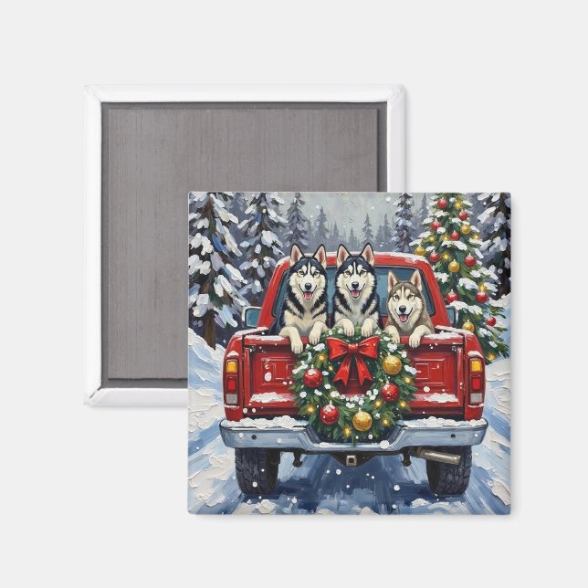 Imã Siberian Husky Christmas Red Truck Holiday (Front/Back)