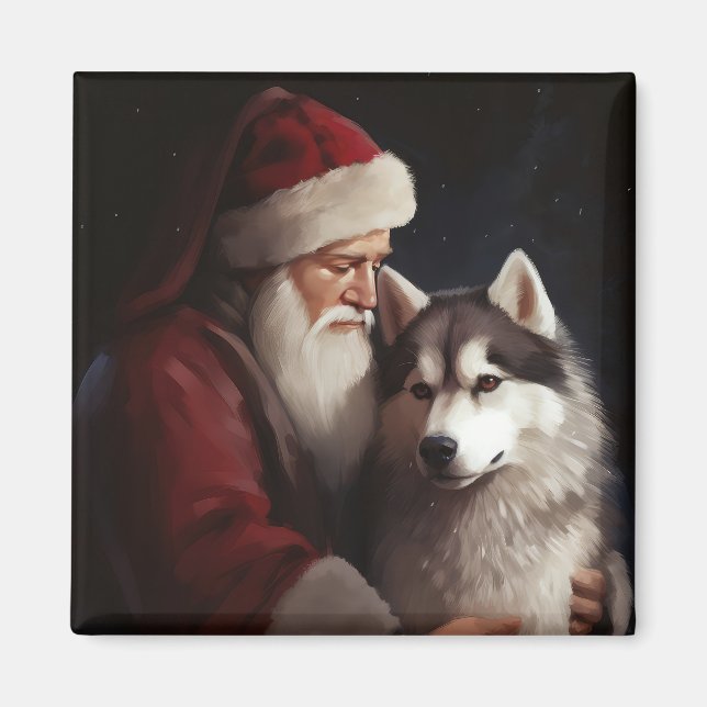 Imã Siberian Husky com Papai Noel Natal Festivo (Frente)