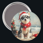Imã Siberian Husky Dog Christmas Vintage Beach<br><div class="desc">Traga o calor dos feriados para a costa com esta charmosa design inspirada na vintagem, que apresenta um cão festivo sentado numa praia serena. Com um clássico toque de feriado de tons nostálgicos e vibrações costeiras, esta trabalho de arte captura a magia do Natal pelo mar. Perfeito para espalhar alegria...</div>