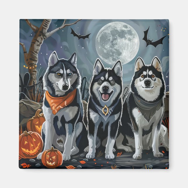 Imã Siberian Husky Halloween Assustador  (Frente)