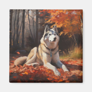 Imã Siberian Husky no Outono Folhas Caídas Inspiram