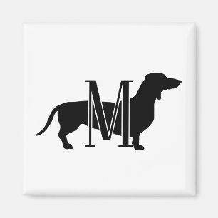 Imã Silhueta de Doxie Preto e Branco com Inicial Monog