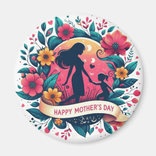 Imã Silhueta de Mãe e Filha Floral Dia das Mães