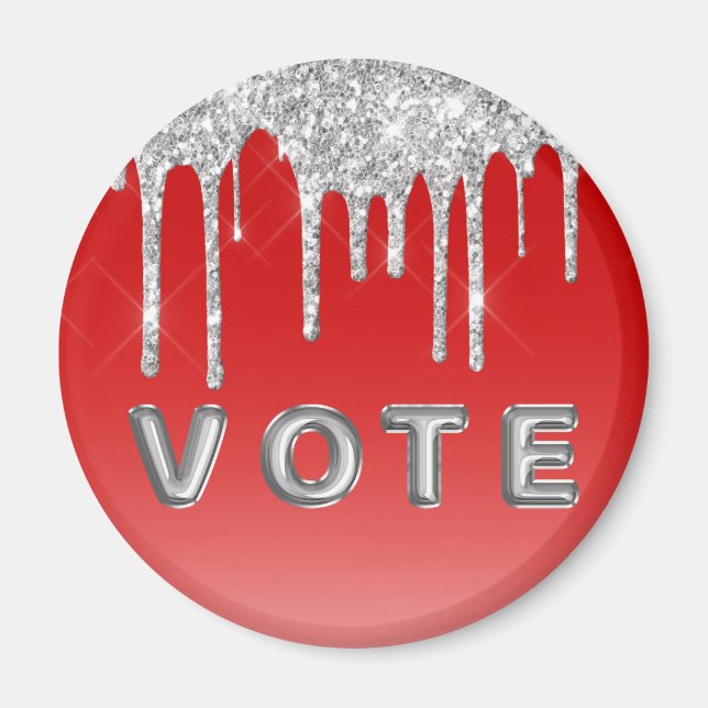 Imã Silver Glitter Drip Red Background Vote (Frente)