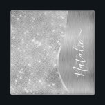 Imã Silver Glitter Glam Bling Personalized Metallic<br><div class="desc">Easily personalize this silver brushed metal and glamorous faux glitter patterned magnet with your own custom name.</div>