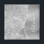 Imã Silver Glitter Glam Bling Personalized Metallic<br><div class="desc">Easily personalize this silver brushed metal and glamorous faux glitter patterned magnet with your own custom name.</div>