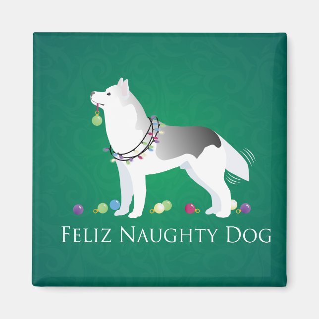 Imã Silver Siberian Husky Feliz Naughn Natal (Frente)