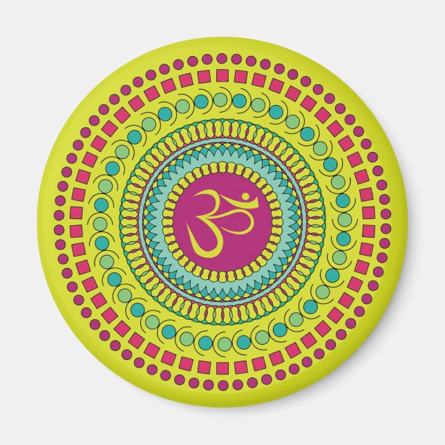 Imã Símbolo Espiritual Mandala Om Verde Rosa Geométric (Frente)