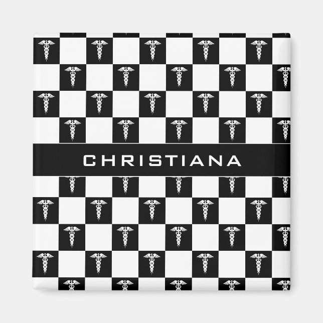 Imã Símbolo médico branco e preto personalizado Caduce (Frente)