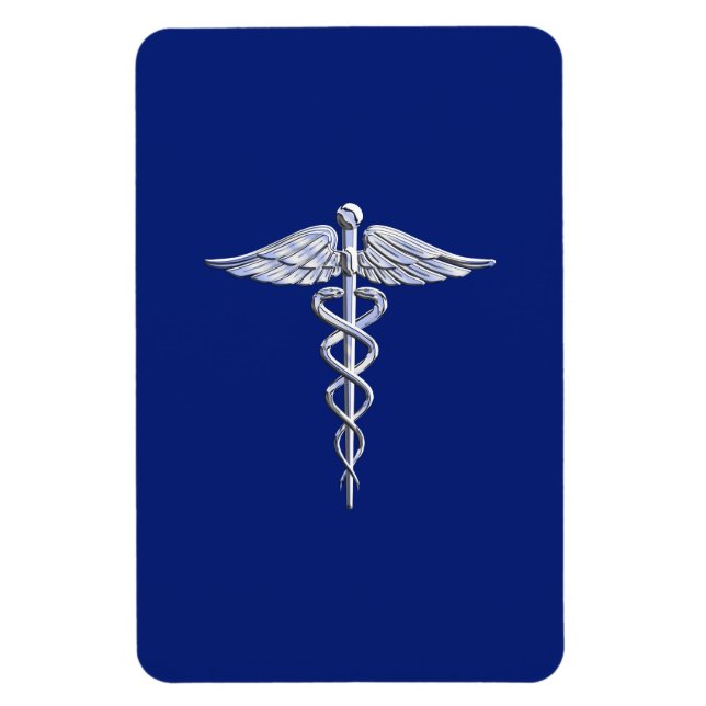 Ímã Símbolo Médico de Silver Caduceus no Decor Azul Ma (Vertical)