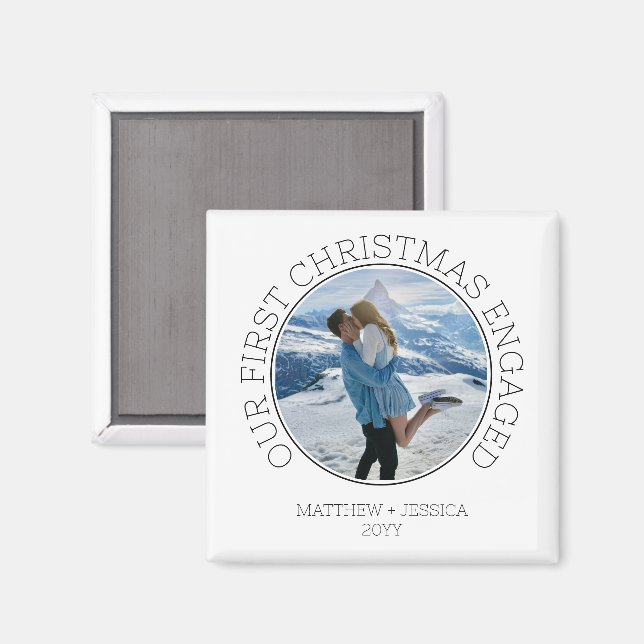 Imã SImple Couple Photo Our First Christmas Engaged (Front/Back)