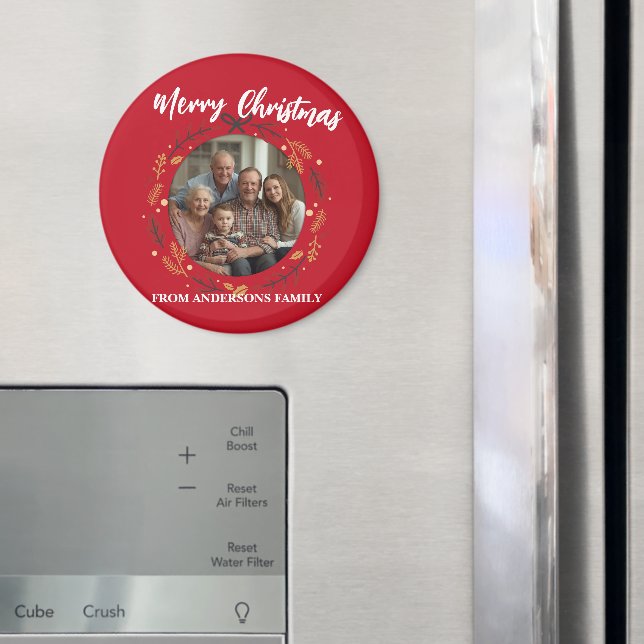 Imã Simple red Christmas Wreath Photo Family name (In Situ (Fridge))