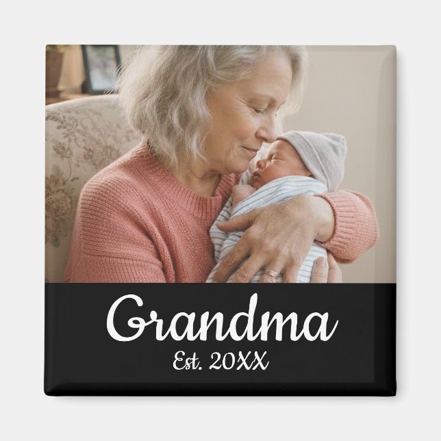 Imã Simple Script Grandma Photo Year Est. Magnet (Frente)