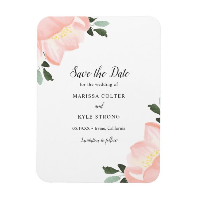 Ímã Simples Elegantes Florais Rosa Beije Salve a Data (Vertical)