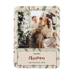 Ímã Simples Padrão Botânico Feliz Foto de Natal