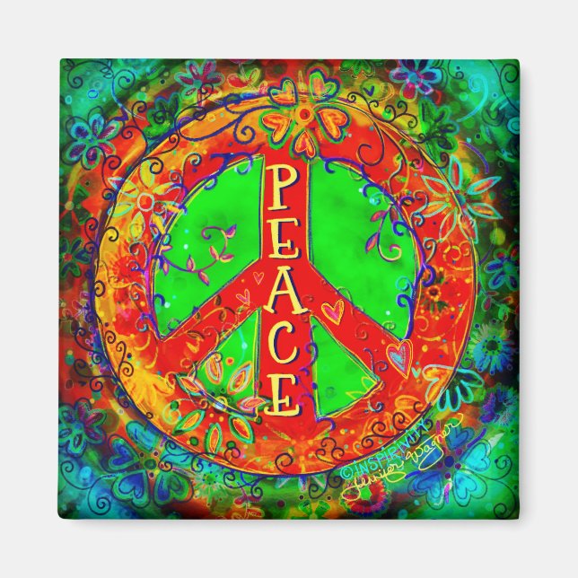 Imã Sinal de Paz Divertido Hippie Inspirivência Floral (Frente)
