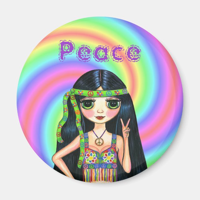 Imã Sinal de Paz Hippie Girl com banda larga na década (Frente)