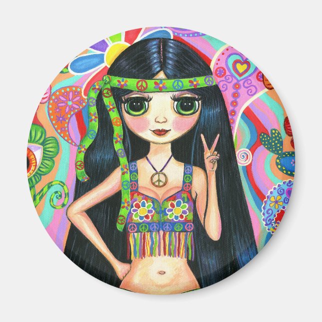 Imã Sinal de Paz Hippie Girl Magnet (Frente)