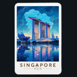 Ímã Singapura Marina Bay Night Viagem Art Vintage<br><div class="desc">Singapura retro vetor viagem design. Marina Bay é uma área de alto escalão de arranha-céus,  hotéis elegantes e shoppings de luxo. É conhecida pela torre da roda-gigante Singapura Flyer Ferris e pelos conservatórios de flores e superárvores coloridas de jardins pela baía.</div>
