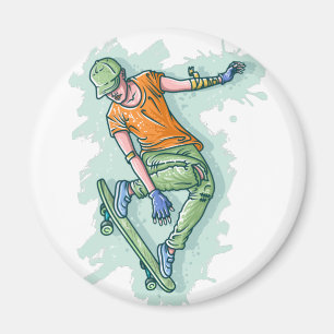 Imã Skater Voador Colorido, Ilustração Engraçada