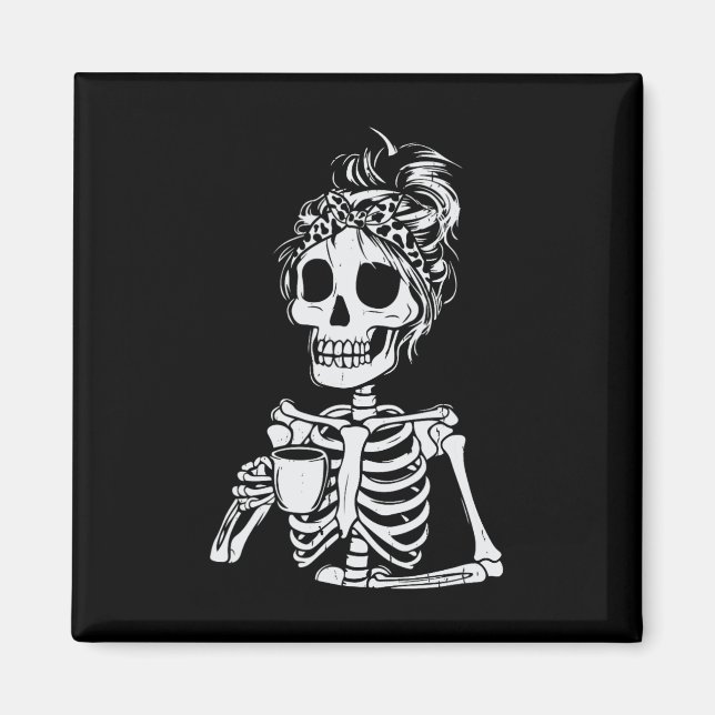 Imã Skeleton Bebendo Café Dia de as Bruxas engraçado S (Frente)