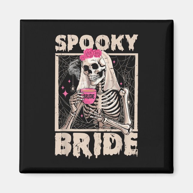 Imã Skeleton Bride Bebendo Café Casamento Halloween C (Frente)
