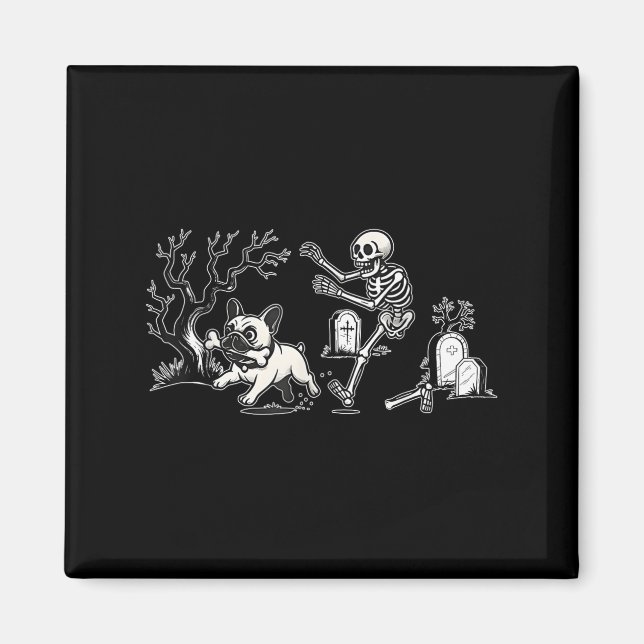 Imã Skeleton Chasing French Bulldog Halloween Dog Mom  (Frente)
