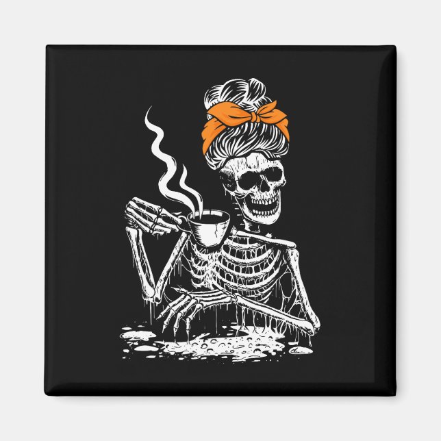 Imã Skeleton Messy Bun Coffee Bebendo Halloween Costu (Frente)