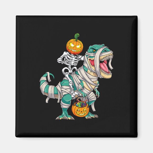 Imã Skeleton Riding Mummy Dinosaur T rex Halloween (Frente)