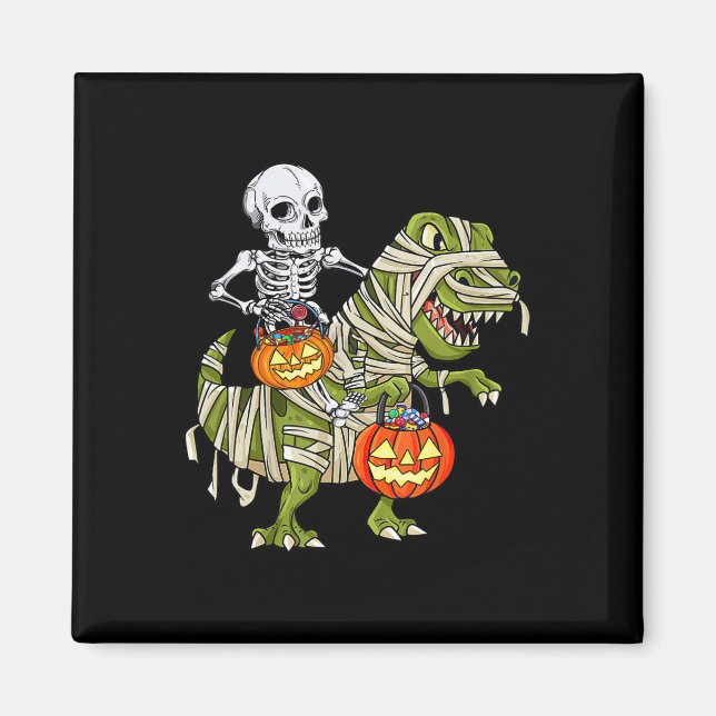 Imã Skeleton Riding Mummy Dinosaur T Rex Halloween (Frente)