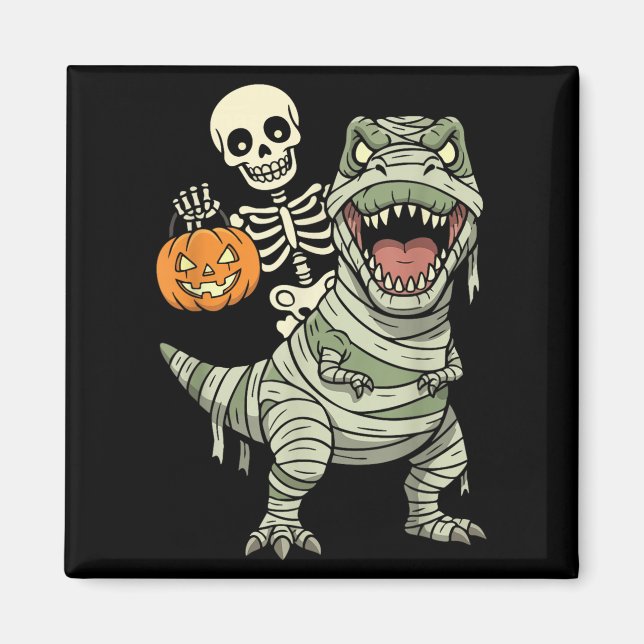 Imã Skeleton Riding Mummy Dinosaur T Rex Halloween Fun (Frente)