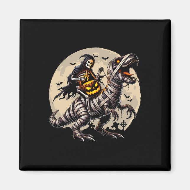 Imã Skeleton Riding Mummy Dinosaur T Rex Pumpkin Engra (Frente)