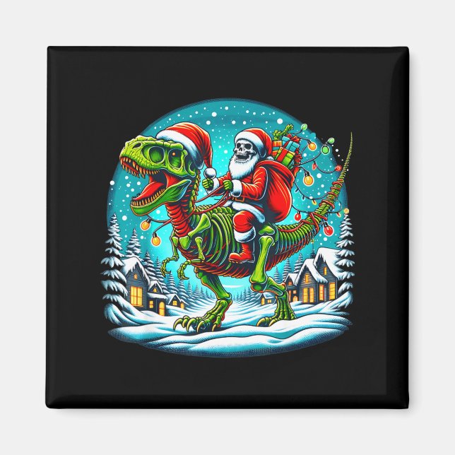 Imã Skeleton Santa Riding T Rex Dinosaur Funny Christm (Frente)