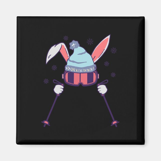 Imã Skiing Rabbit With Goggles And Ski Beanie Winter S (Frente)