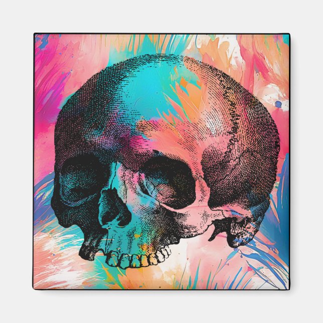 Imã Skull Sketch Com Fundo Colorido (Frente)