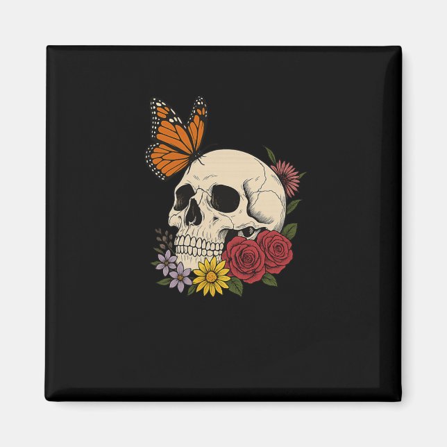 Imã Skulls Monarch Butterfly Flowers Halloween Men Wom (Frente)