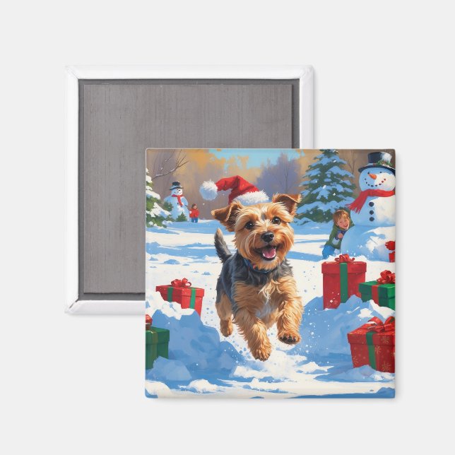 Imã Skye Terrier Correndo na Neve com Chapéu de Natal (Front/Back)