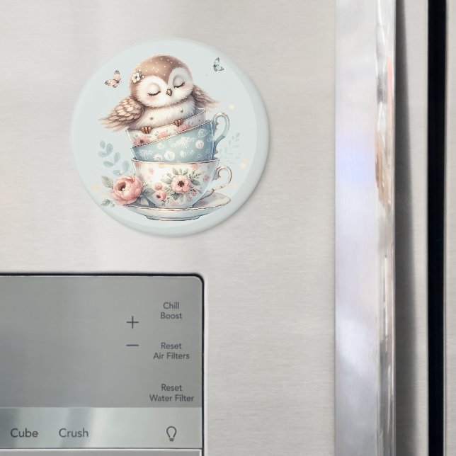 Imã Sleeping Owl in Stacked Floral Teacups (In Situ (Fridge))