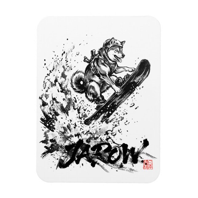 Ímã Snowboard Brush Art - Snowboarder Dog Huskey (Vertical)