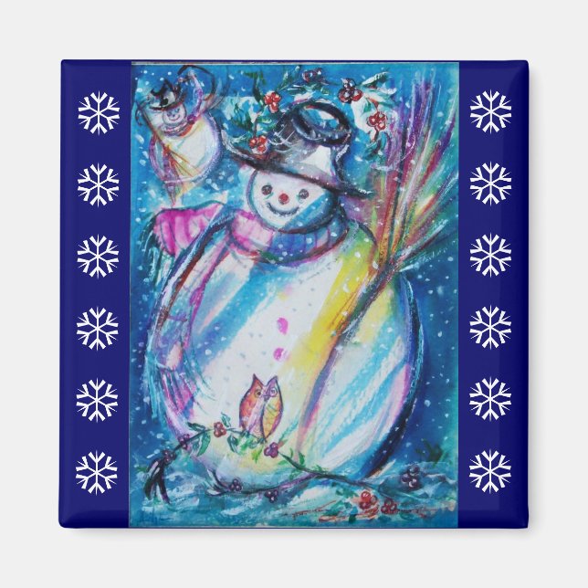 Imã SNOWMAN COM OWL / Flocos de neve brancos azuis (Frente)