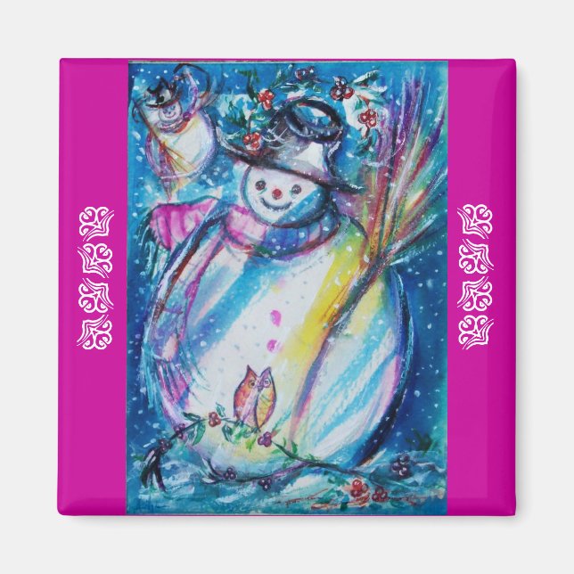 Imã SNOWMAN COM OWL NO WINTER Puprle Blue (Frente)