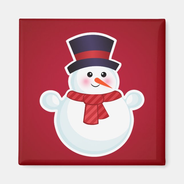 Imã Snowman de Natal em Fundo Vermelho (Frente)